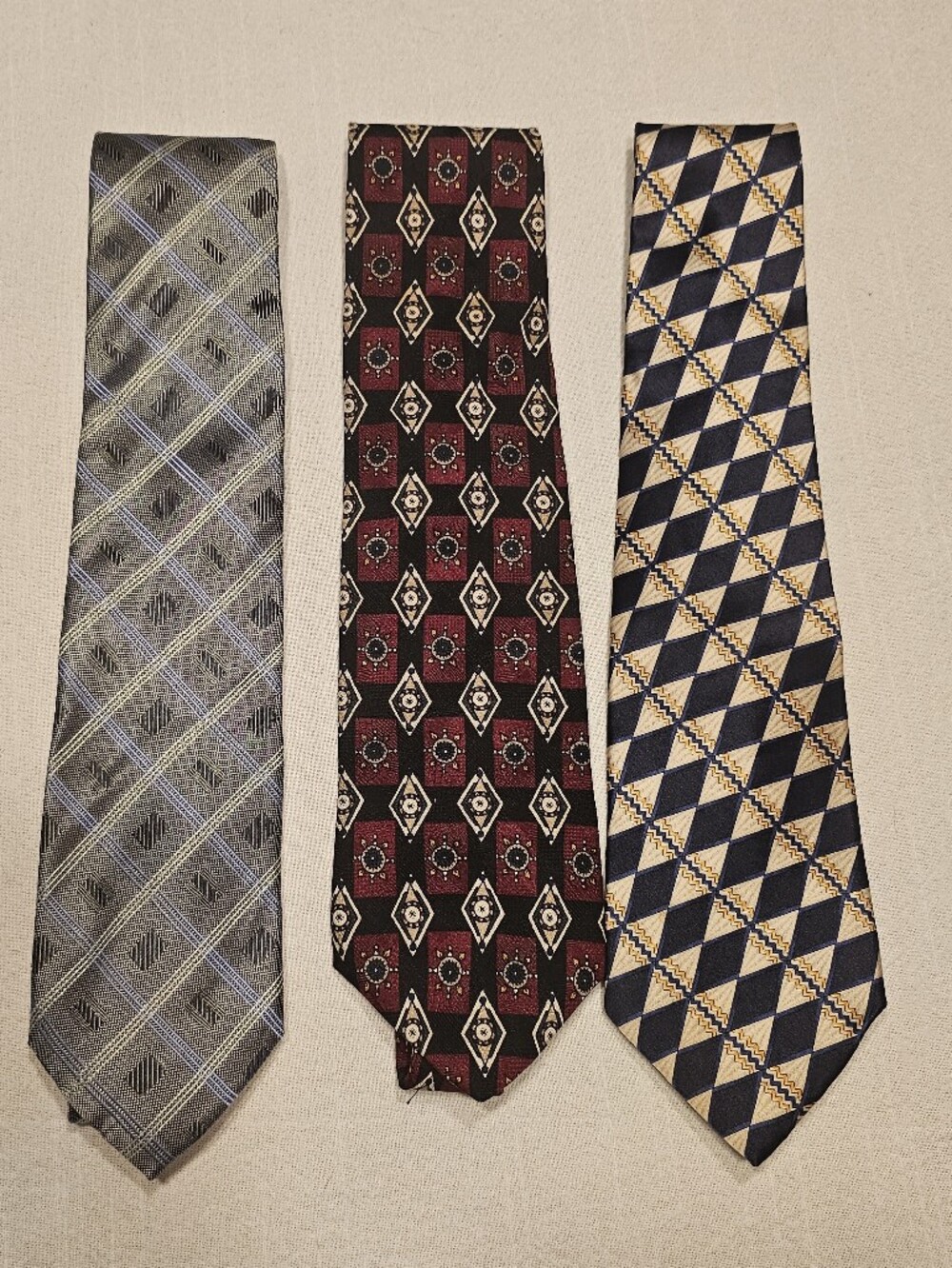 Silk Tie Lot Of 3 Geometric Print Red Silver